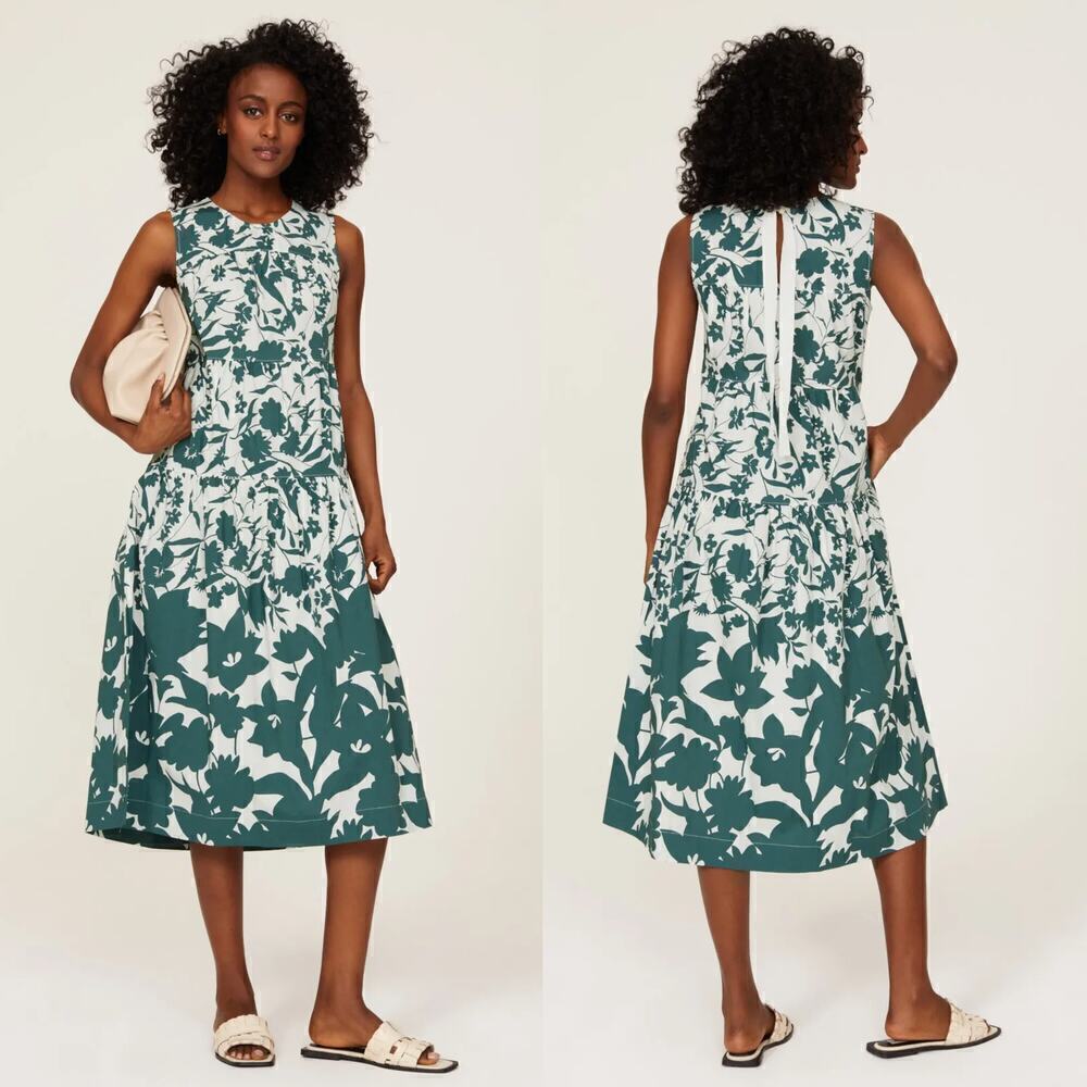 Peter Som Collective Dress Floral Print Sleeveless Tiered Midi Green Size 10